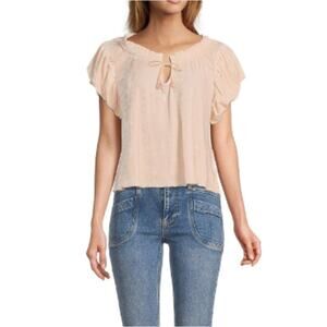 NEW FREE PEOPLE Pink Terese Velvet Ruffle Sleeve Blouse Top Oversized XS